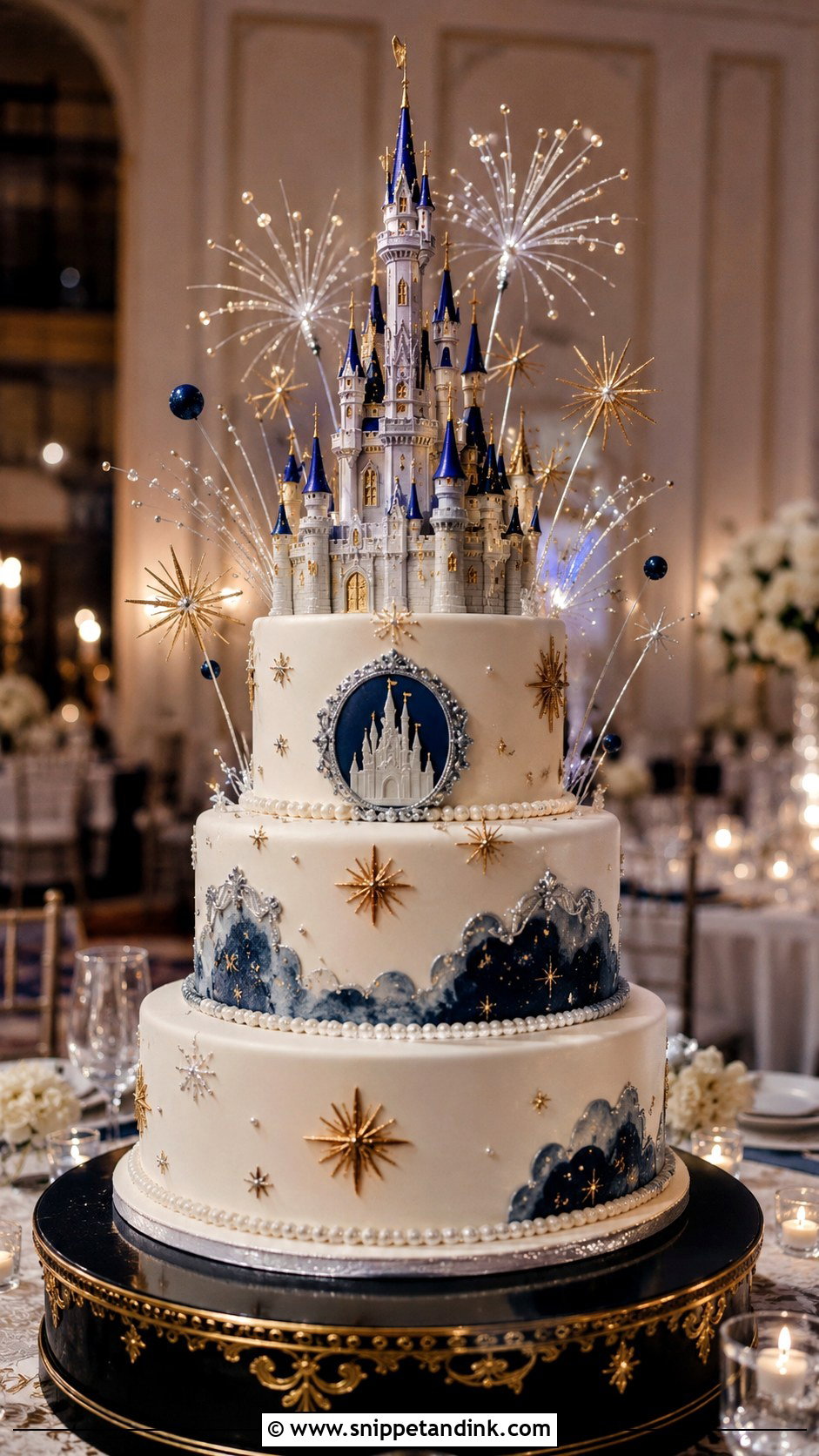 Disney Castle Wedding Cake With Fireworks - Snippet and Ink - 20 Disney Castle Wedding Cake Ideas