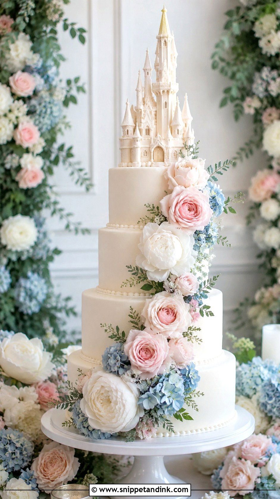 Disney Castle Wedding Cake With Flowers - Snippet and Ink - 20 Disney Castle Wedding Cake Ideas