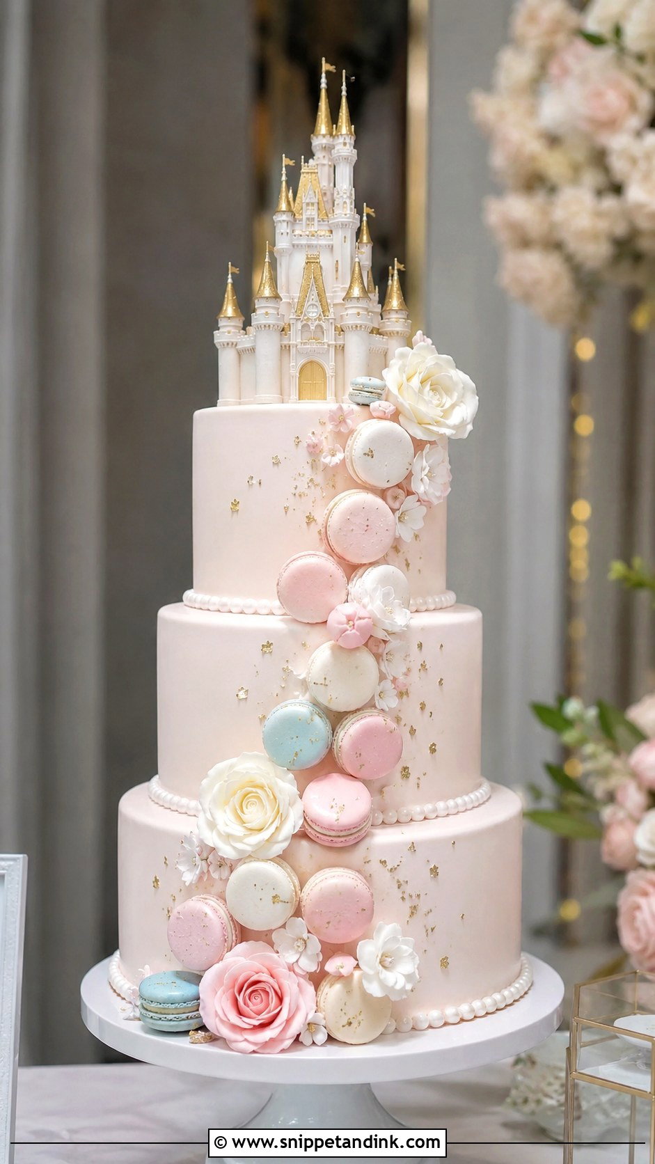 Disney Castle Wedding Cake With Macarons - Snippet and Ink - 20 Disney Castle Wedding Cake Ideas
