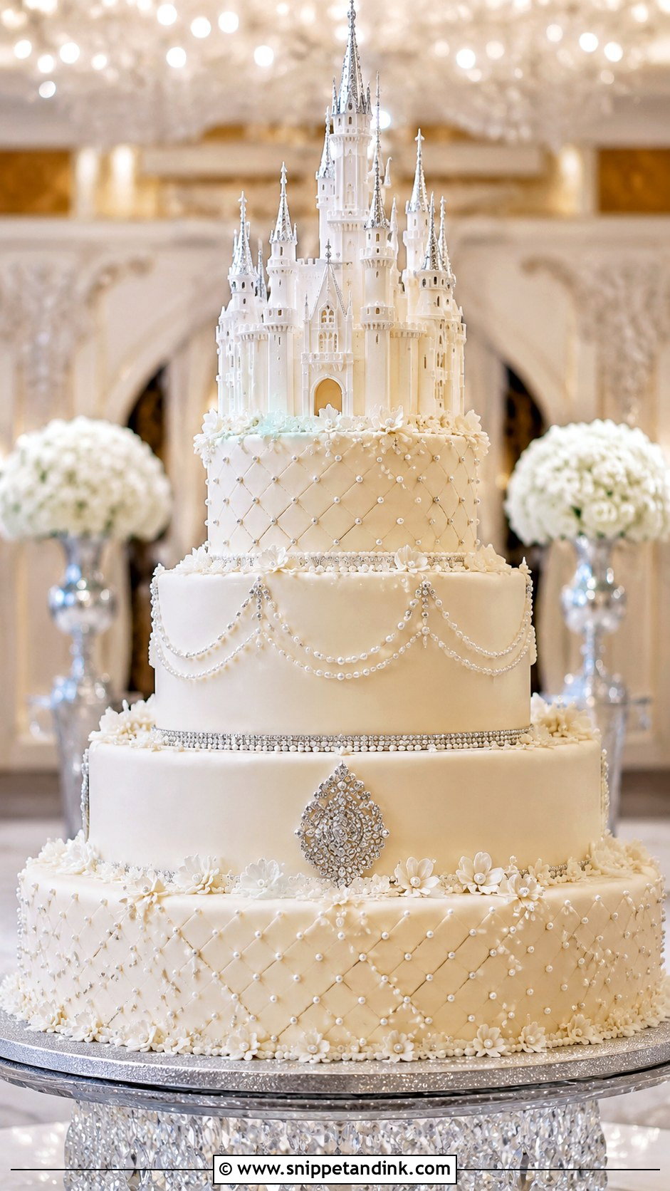 Disney Castle Wedding Cake With Pearls - Snippet and Ink - 20 Disney Castle Wedding Cake Ideas