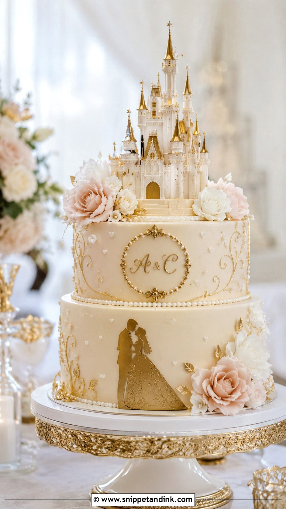 Disney Castle Wedding Cake With Toppers - Snippet and Ink - 20 Disney Castle Wedding Cake Ideas