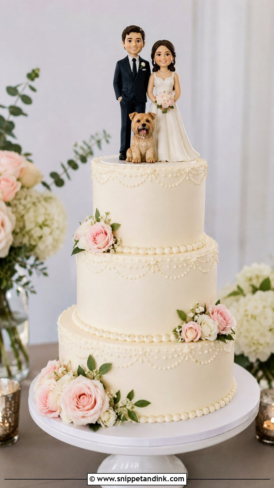Dog Cake Topper With Couple - Snippet and Ink - 25 Dog in Wedding Cake Ideas