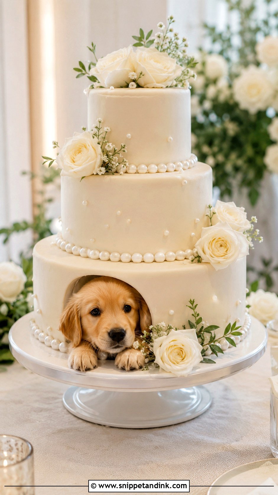 Dog Peeking From Bottom Tier Wedding Cake - Snippet and Ink - 20 Wedding Cake Dog Peeking Ideas
