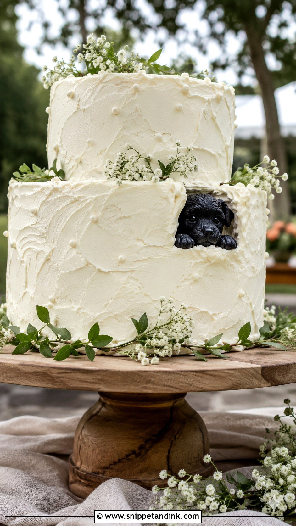 Dog Peeking From Buttercream Wedding Cake - Snippet and Ink - 20 Wedding Cake Dog Peeking Ideas