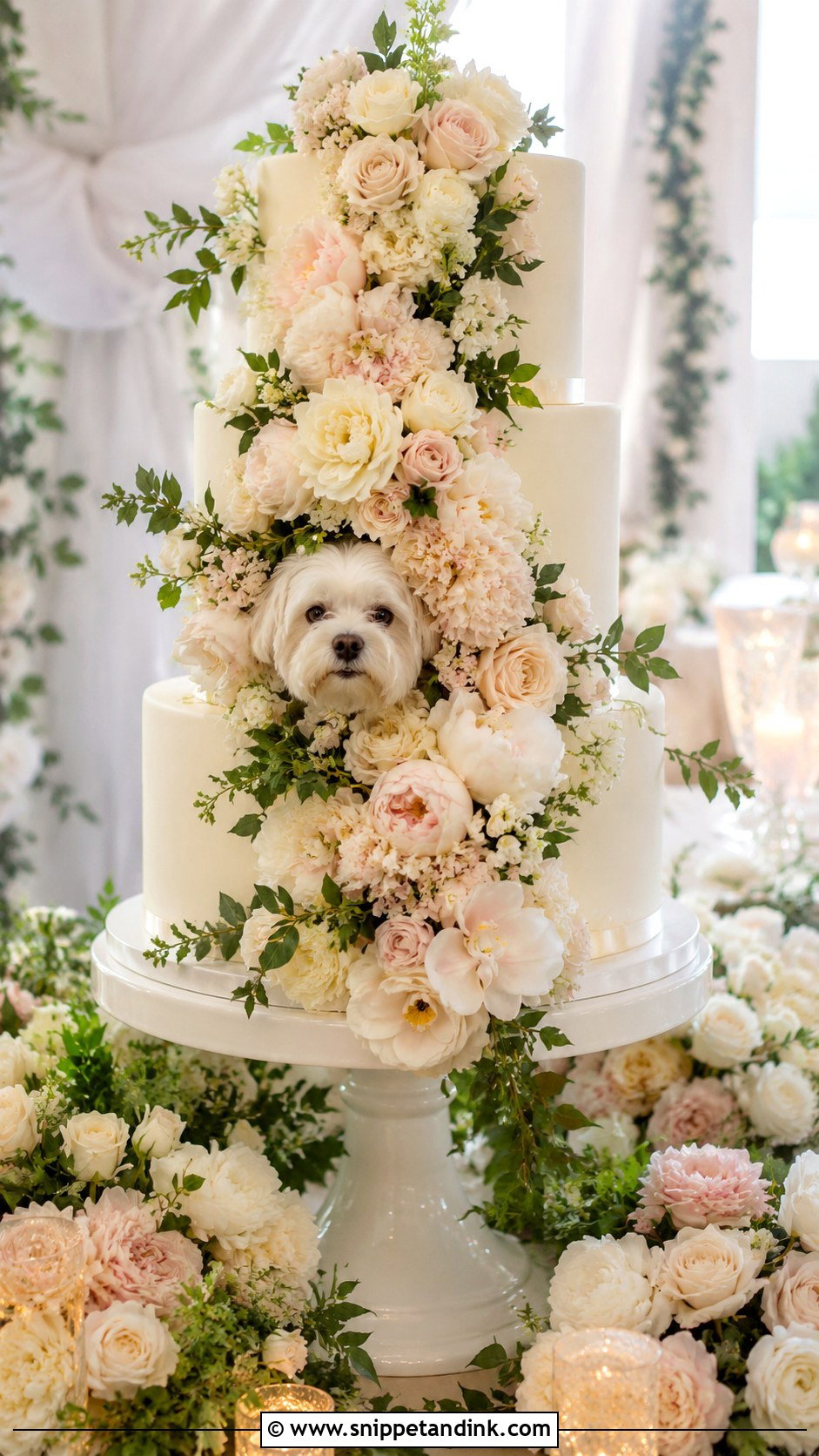 Dog Peeking From Floral Cascade Wedding Cake - Snippet and Ink - 20 Wedding Cake Dog Peeking Ideas