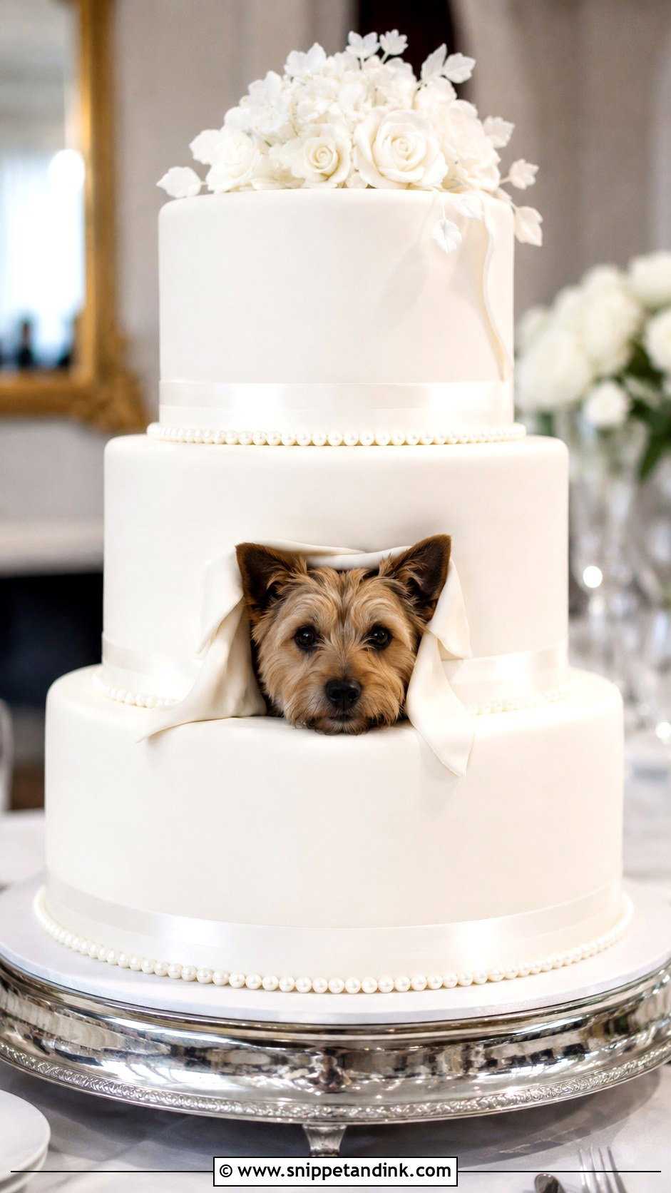 Dog Peeking From Fondant Wedding Cake - Snippet and Ink - 20 Wedding Cake Dog Peeking Ideas