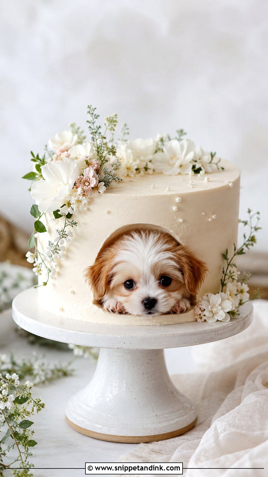Dog Peeking From Mini Wedding Cake - Snippet and Ink - 20 Wedding Cake Dog Peeking Ideas