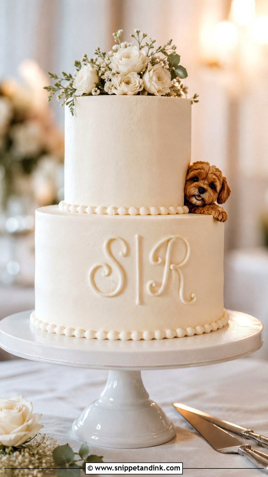 Dog Peeking From Monogram Wedding Cake - Snippet and Ink - 20 Wedding Cake Dog Peeking Ideas