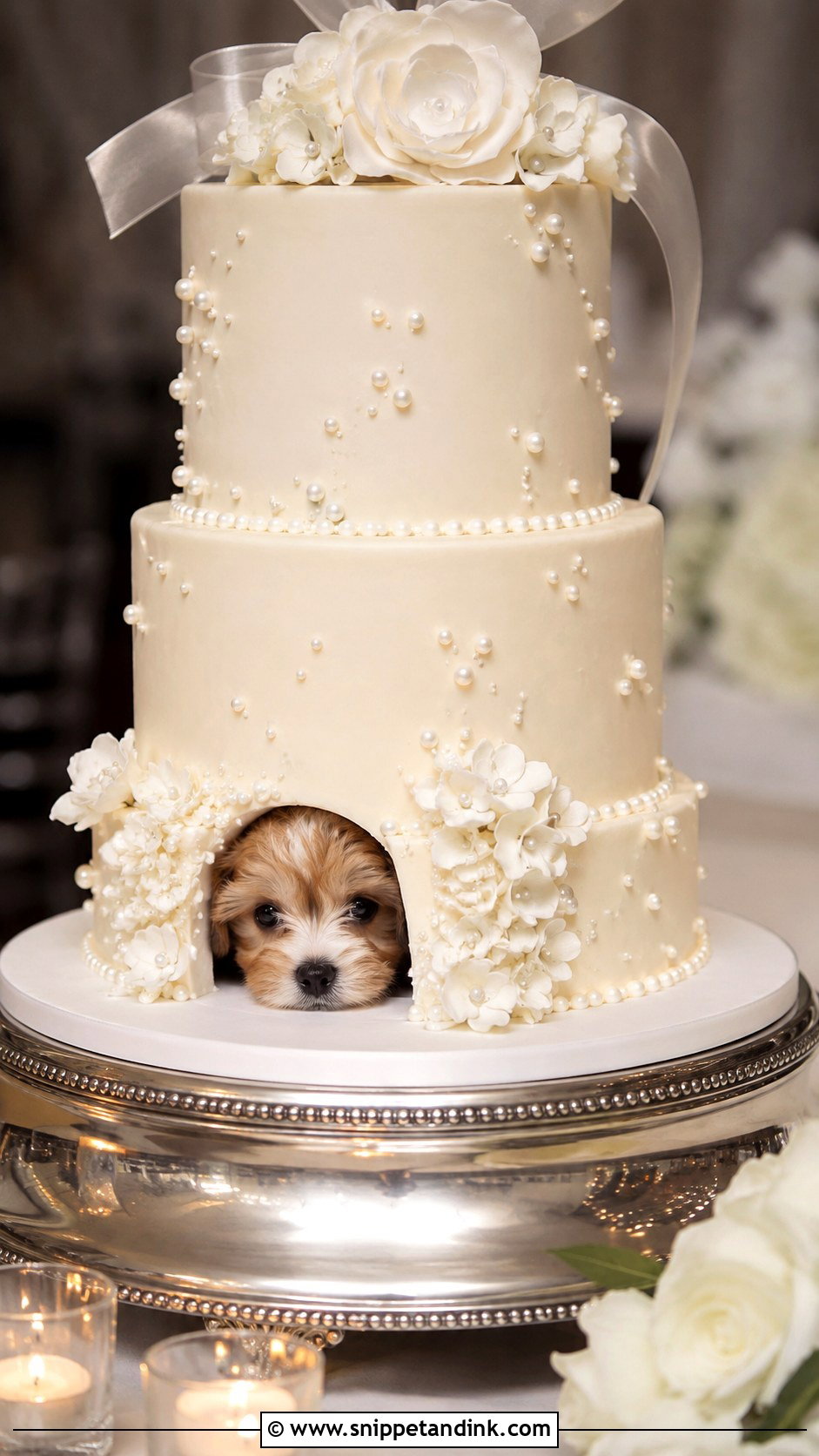 Dog Peeking From Pearl Wedding Cake - Snippet and Ink - 20 Wedding Cake Dog Peeking Ideas
