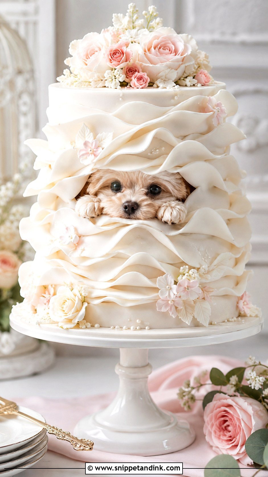 Dog Peeking From Ruffle Wedding Cake - Snippet and Ink - 20 Wedding Cake Dog Peeking Ideas