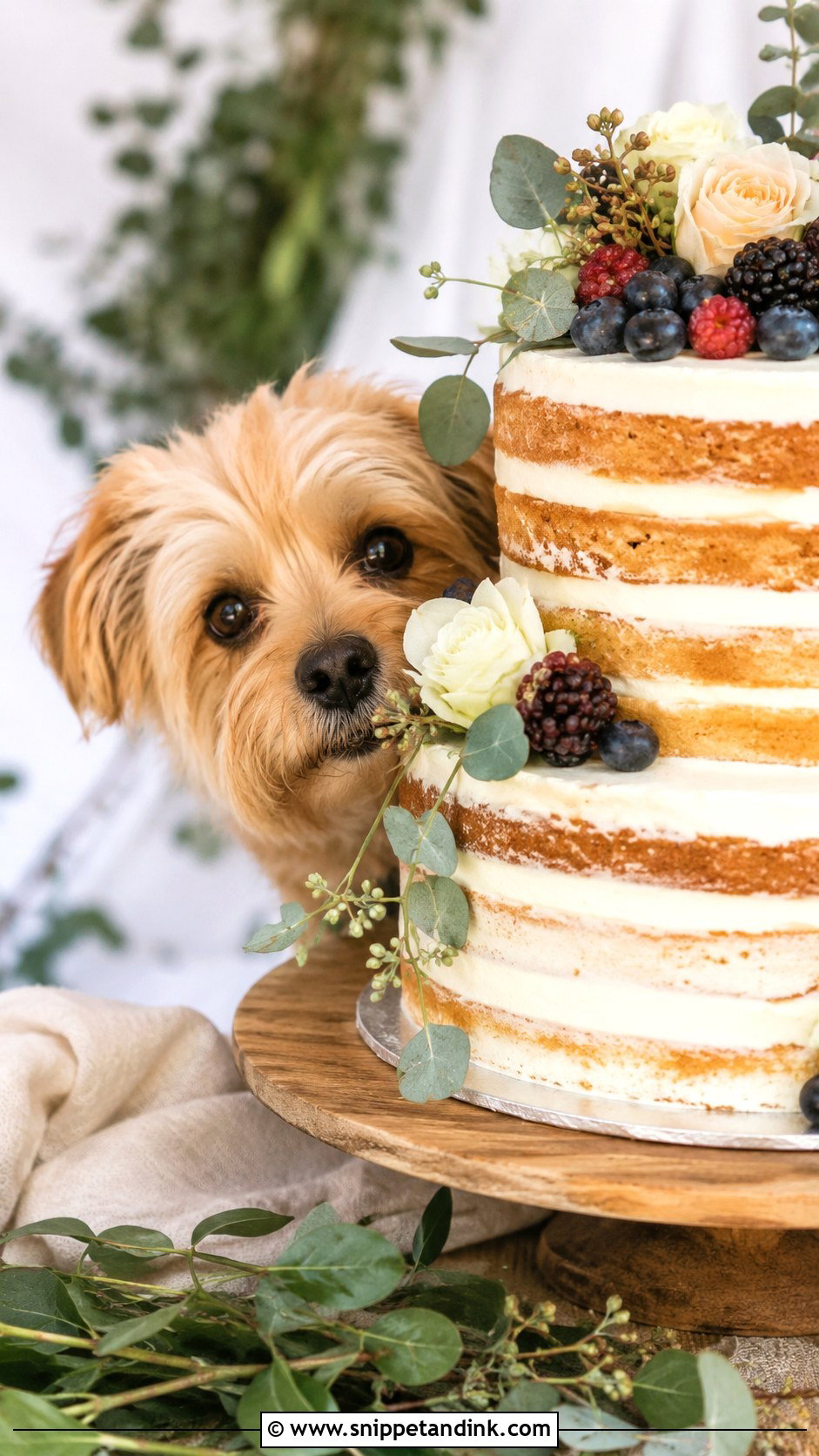Dog Peeking From Semi Naked Wedding Cake - Snippet and Ink - 20 Wedding Cake Dog Peeking Ideas