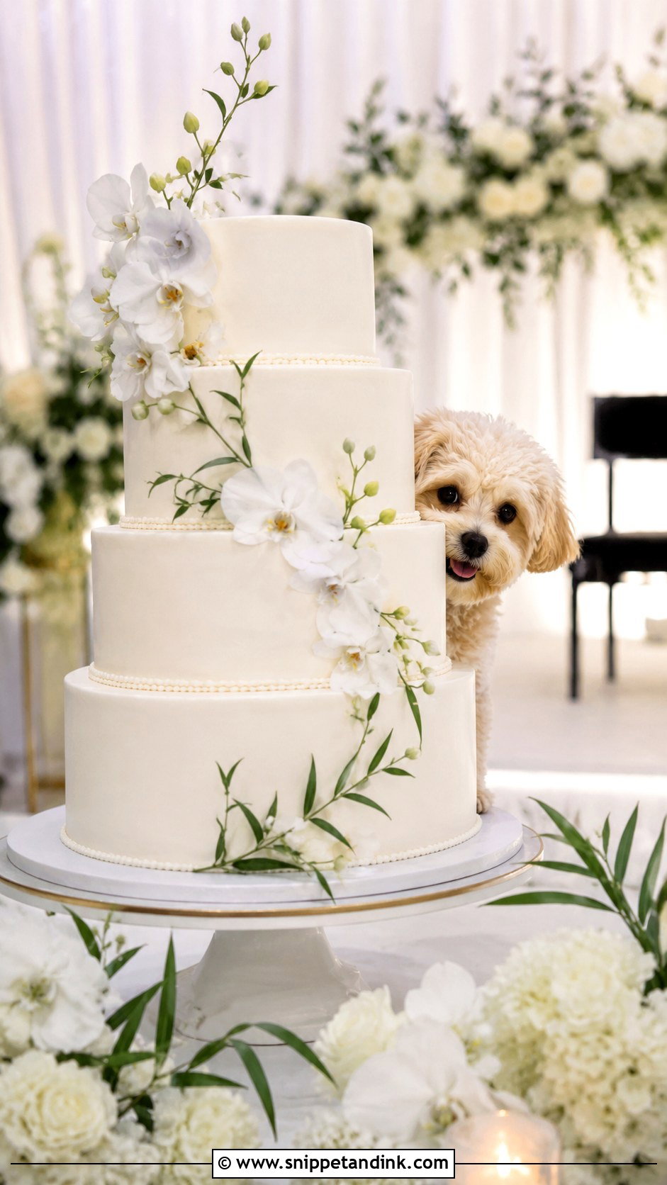 Dog Peeking From Tall Wedding Cake - Snippet and Ink - 20 Wedding Cake Dog Peeking Ideas