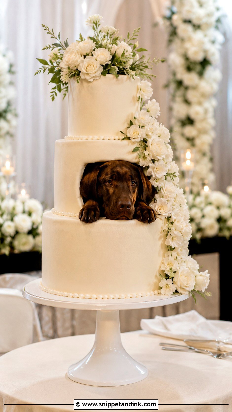 Dog Peeking From Three Tier Wedding Cake - Snippet and Ink - 20 Wedding Cake Dog Peeking Ideas