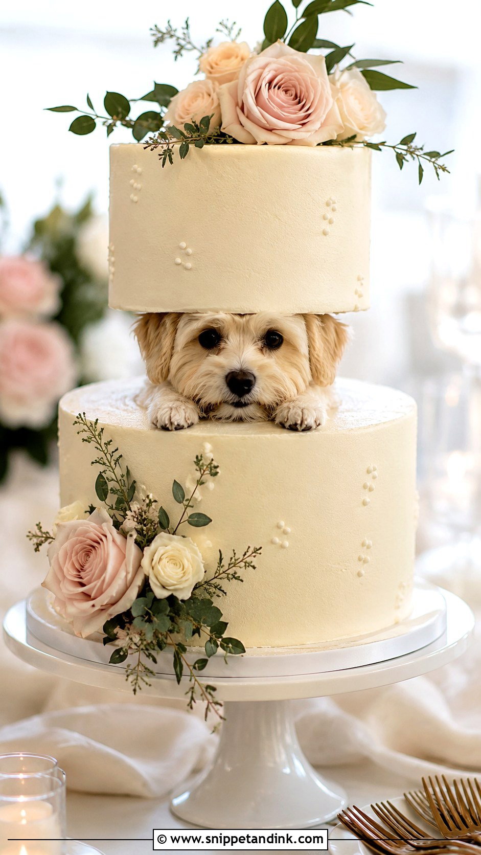 Dog Peeking From Two Tier Wedding Cake - Snippet and Ink - 20 Wedding Cake Dog Peeking Ideas