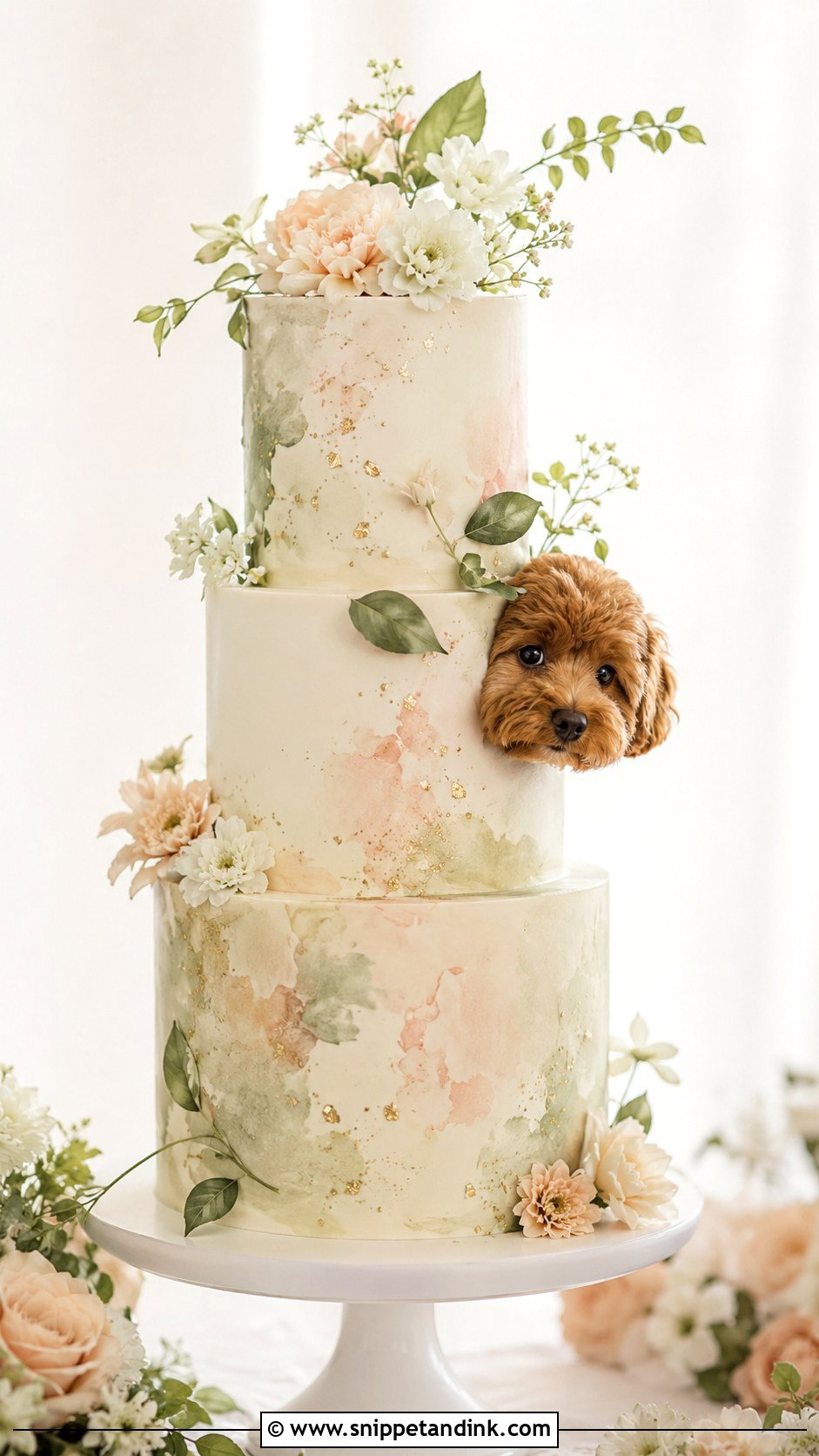 Dog Peeking From Watercolor Wedding Cake - Snippet and Ink - 20 Wedding Cake Dog Peeking Ideas