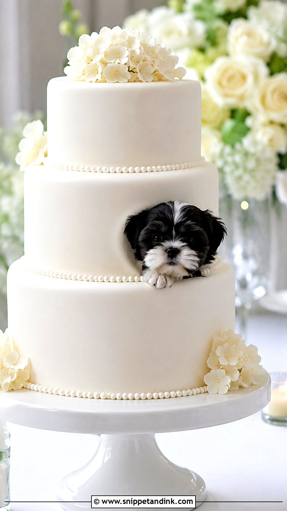 Dog Peeking From White Wedding Cake - Snippet and Ink - 20 Wedding Cake Dog Peeking Ideas