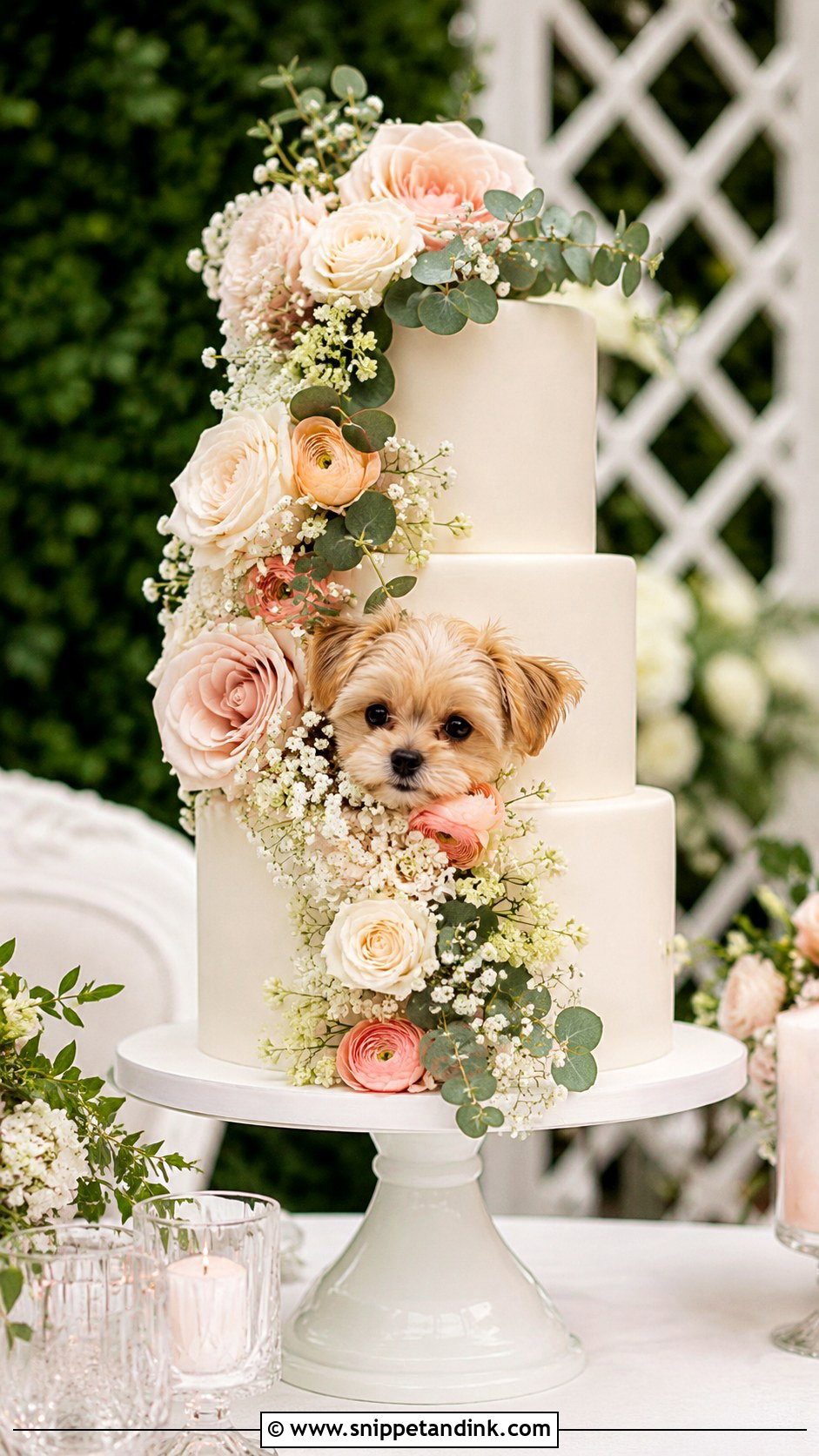 Dog Peeking Through Floral Wedding Cake - Snippet and Ink - 20 Wedding Cake Dog Peeking Ideas