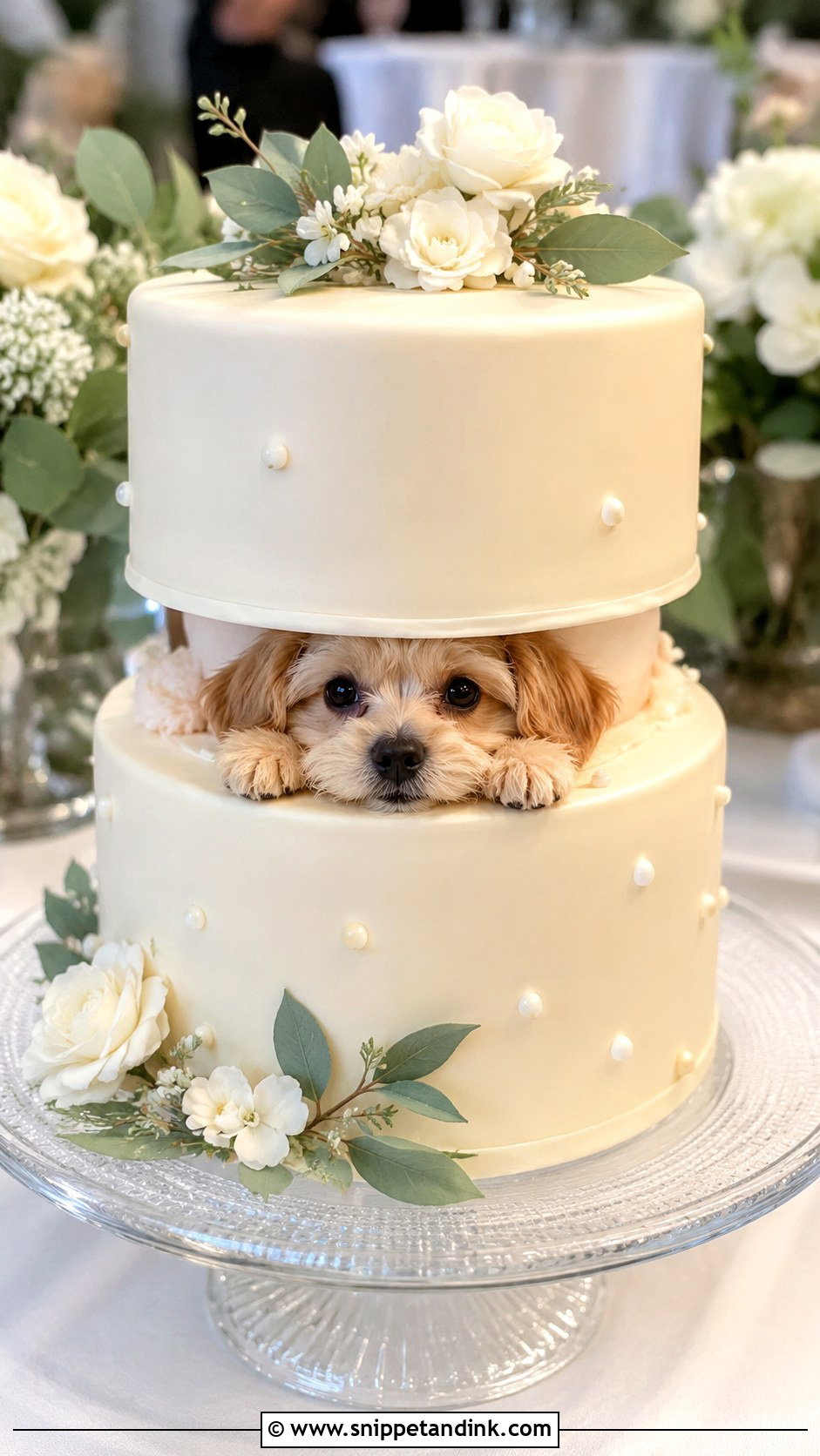 Dog Peeking Wedding Cake - Snippet and Ink - 20 Dog Wedding Cake Decoration Ideas