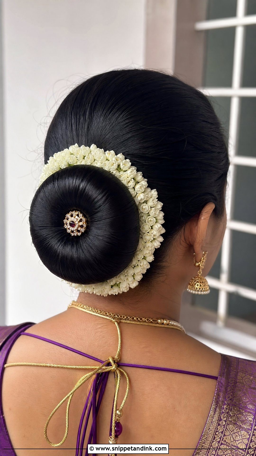 Donut Bun With Floral Wrap - Snippet and Ink - 20 South Indian Bridal Hair Ideas