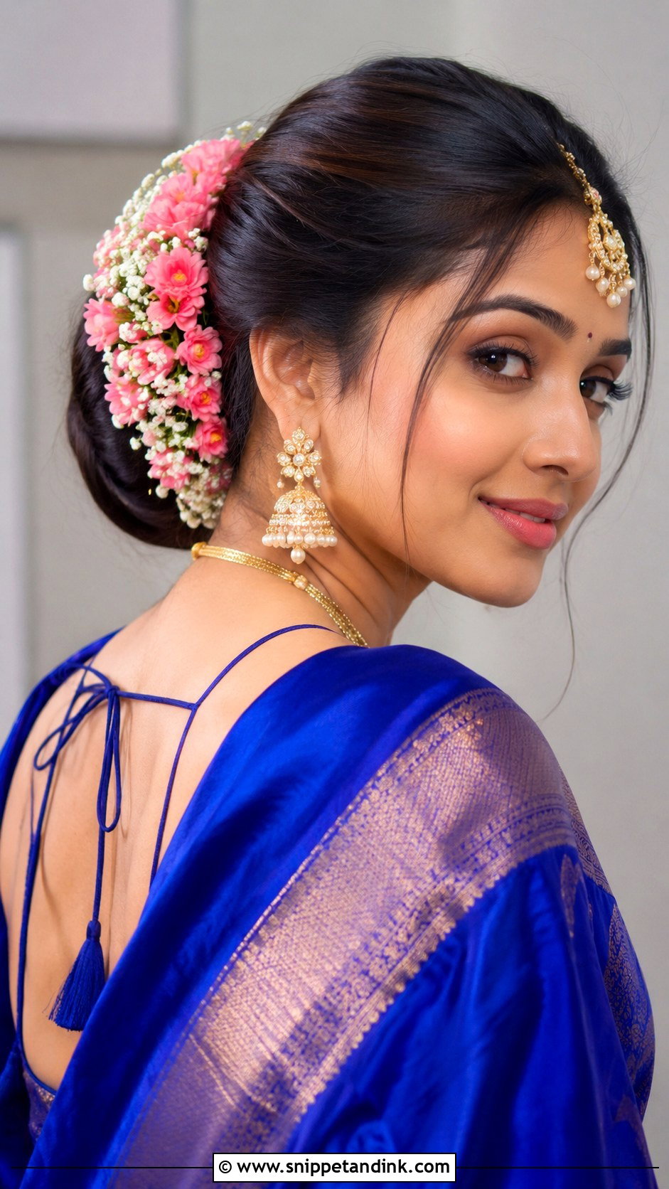 Donut Bun With Floral Wrap - Snippet and Ink - 20 Seemantham Hairstyle Ideas