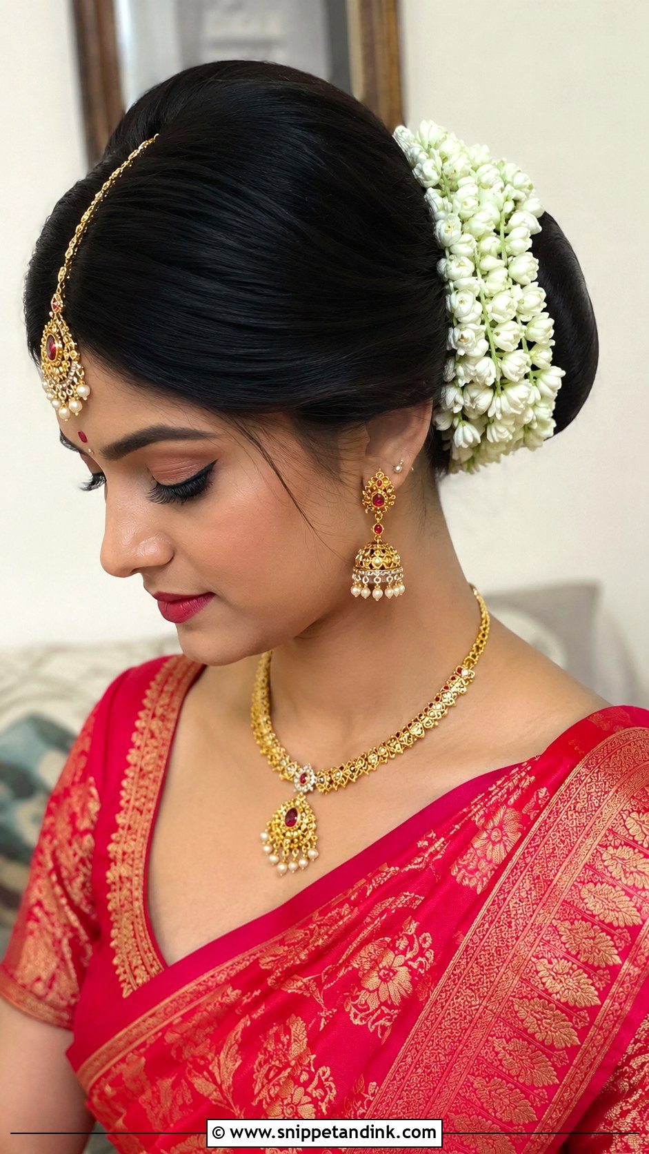 Donut Bun With Gajra and Tikka - Snippet and Ink - 20 Front Indian Weddings Bridal Hairstyles