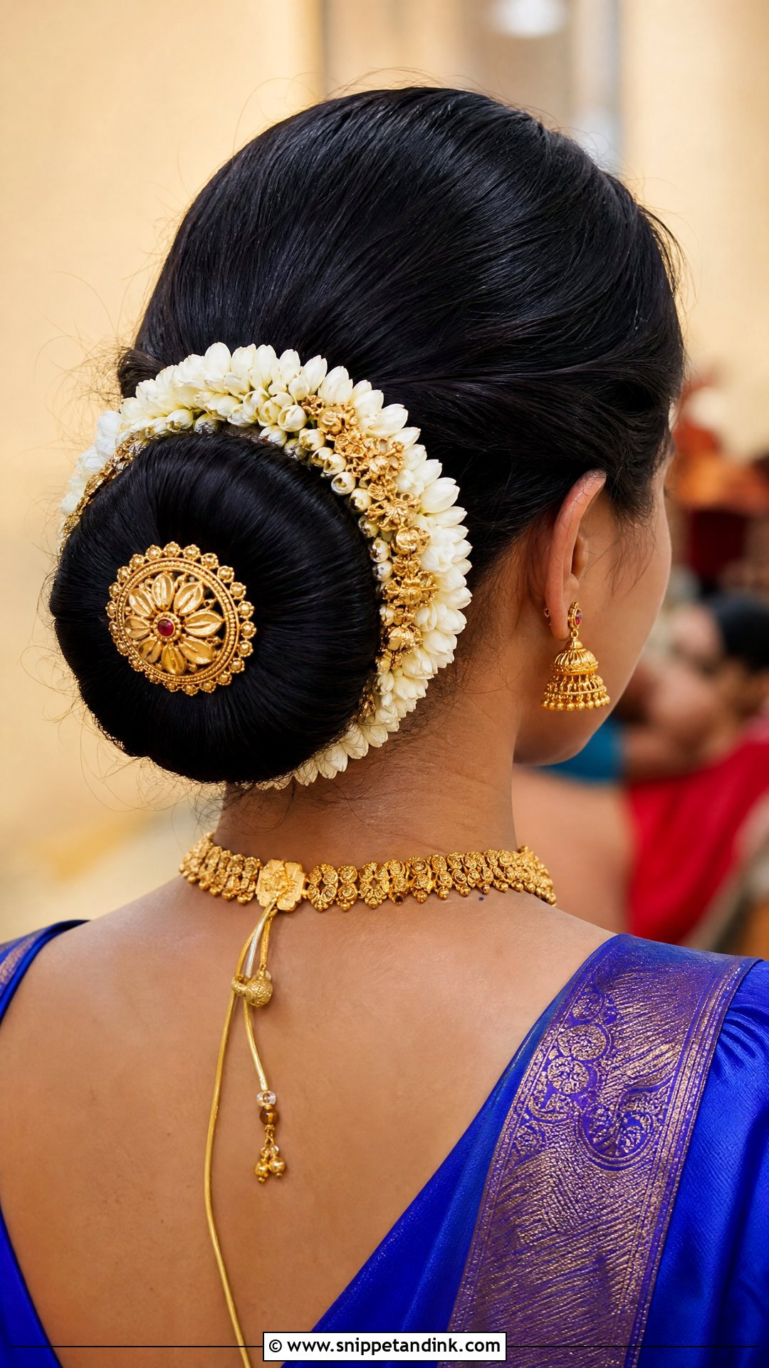 Donut Bun With Gold Jewelry - Snippet and Ink - 20 South Indian Wedding Hairstyles for Long Hair