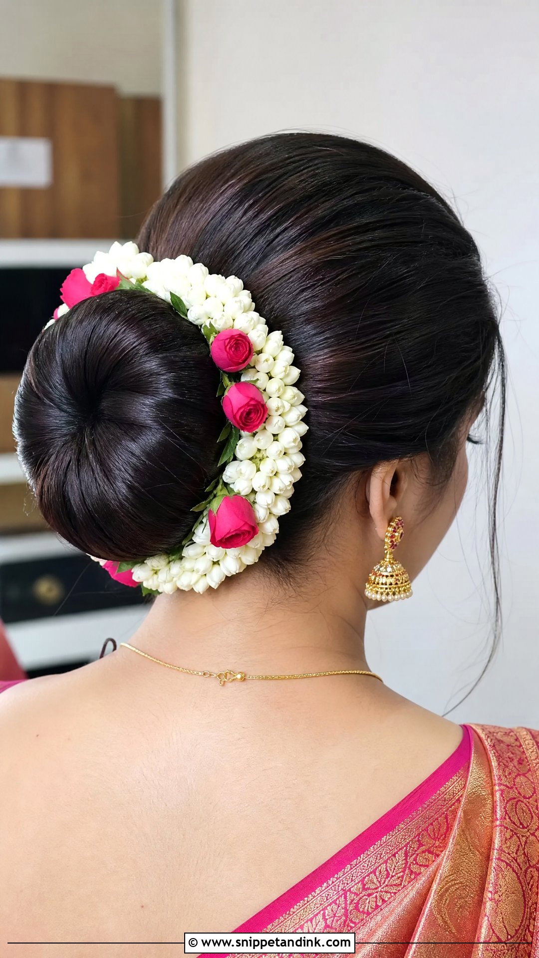 Donut Bun with Floral Border - Snippet and Ink - 20 Indian Flower Bridal Bun Hairstyles
