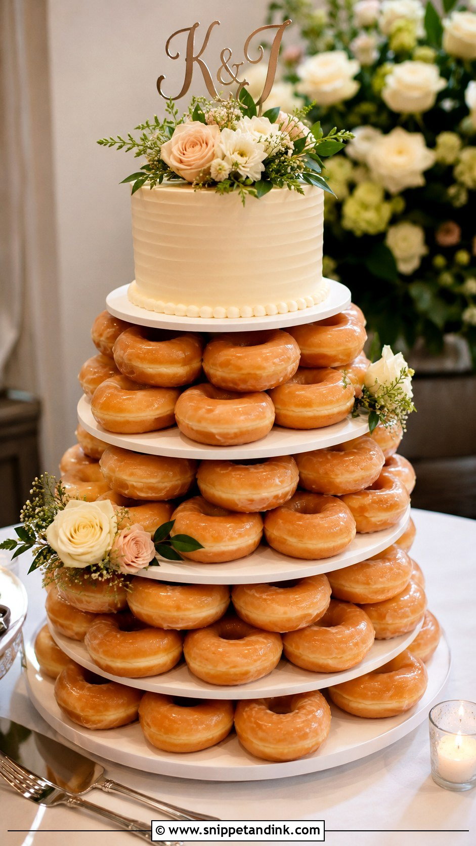 Donut Cake With Cutting Cake - Snippet and Ink - 20 Wedding Donut Cake Ideas