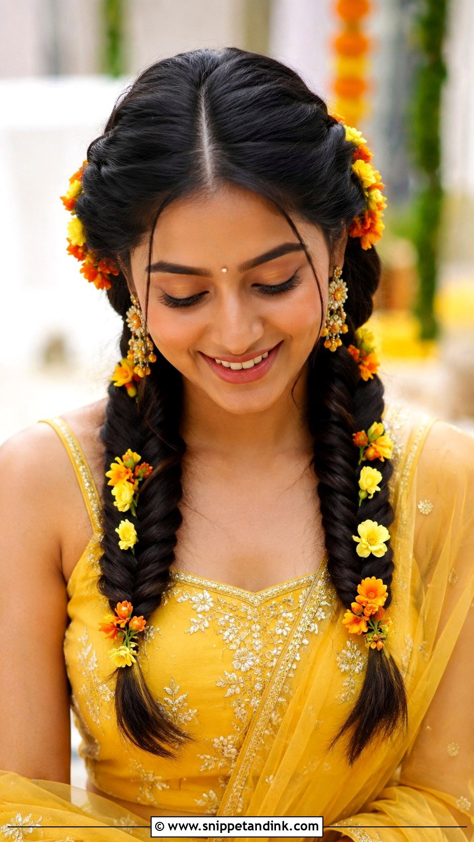 Double Fishtail Braid With Florals - Snippet and Ink - 20 Haldi Braid Hairstyles for Bride