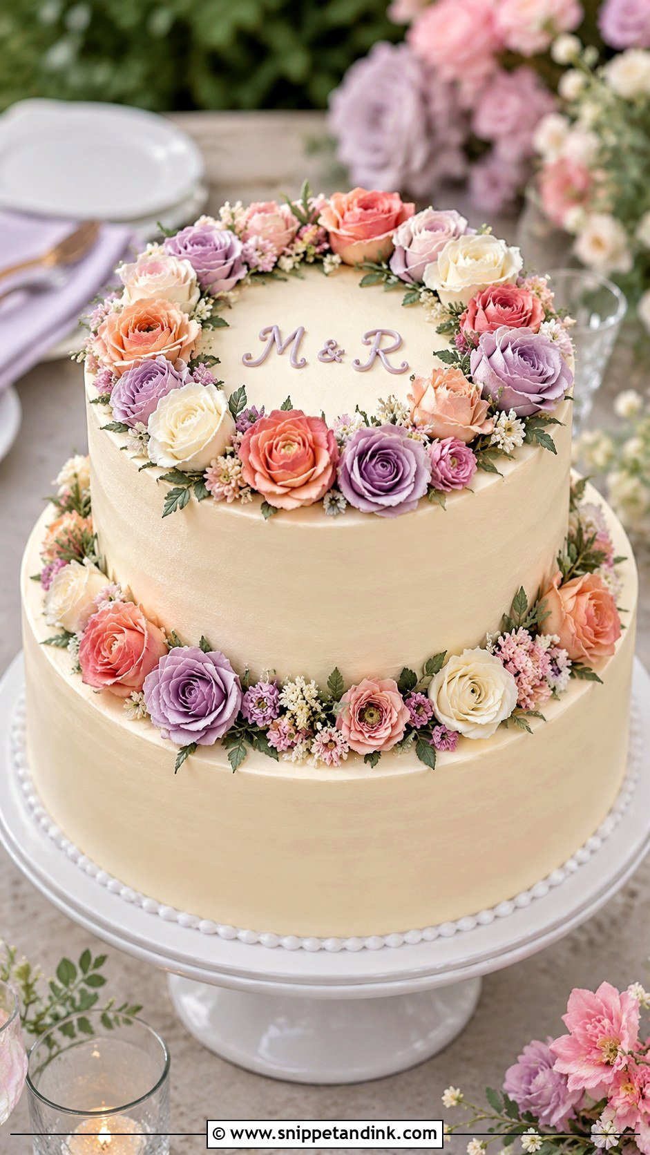 Double Layer Anniversary Cake With Floral Wreath - Snippet and Ink - 20 Double Layer Anniversary Cake Ideas