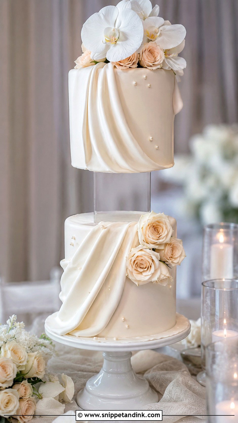 Draped Floating Tier Wedding Cake - Snippet and Ink - 20 Wedding Cake Ideas with Floating Tier