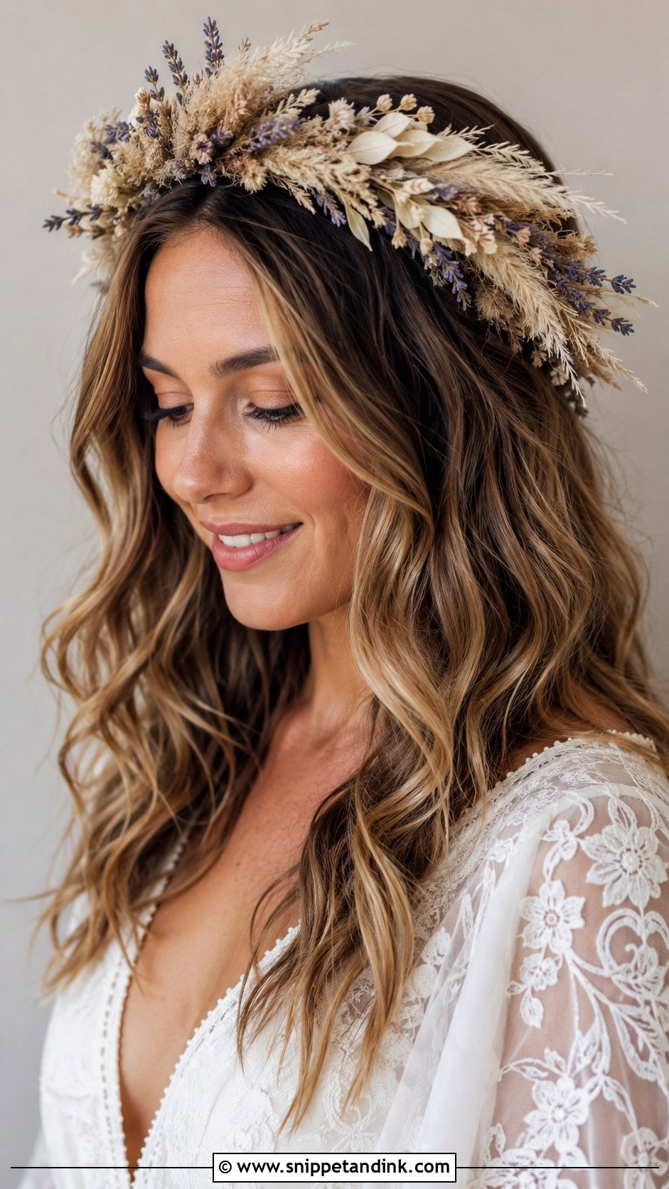 Dried Flower Crown With Boho Waves - Snippet and Ink - 20 Flower Crown Wedding Hair Ideas