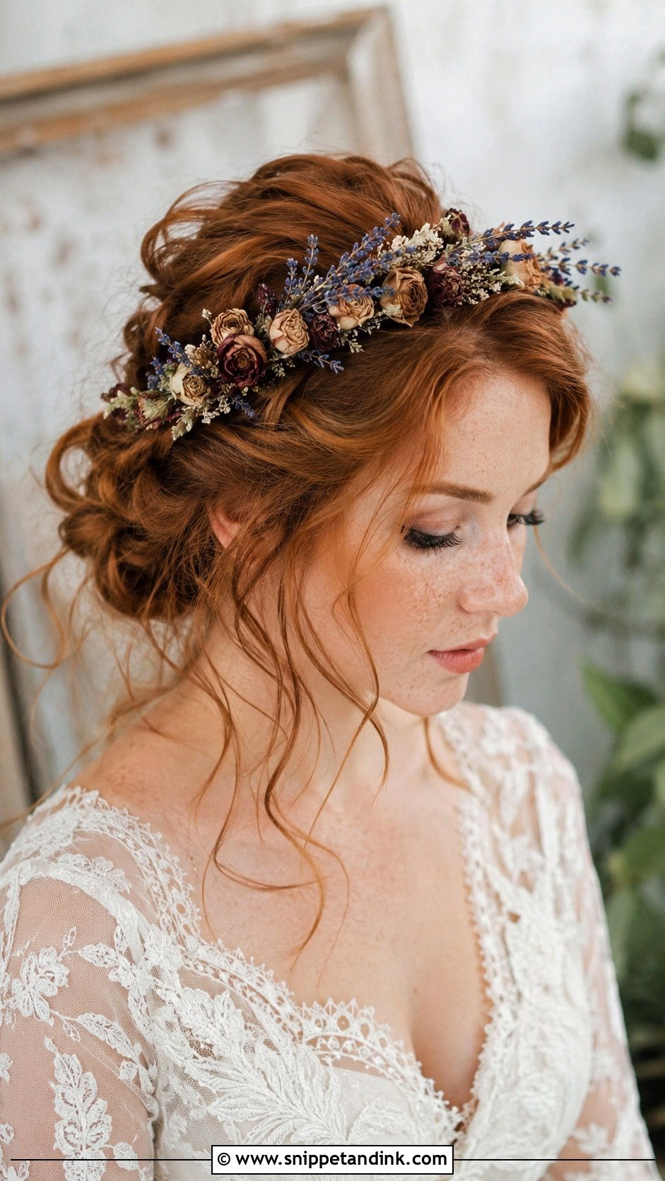 Dried Flower Crown With Loose Updo - Snippet and Ink - 20 Wedding Hair with Flower Crown Ideas