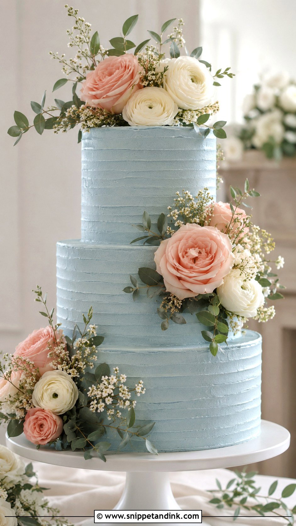 Dusty Blue Buttercream Wedding Cake - Snippet and Ink - 25 Dusty Blue and Blush Pink Wedding Cake Ideas