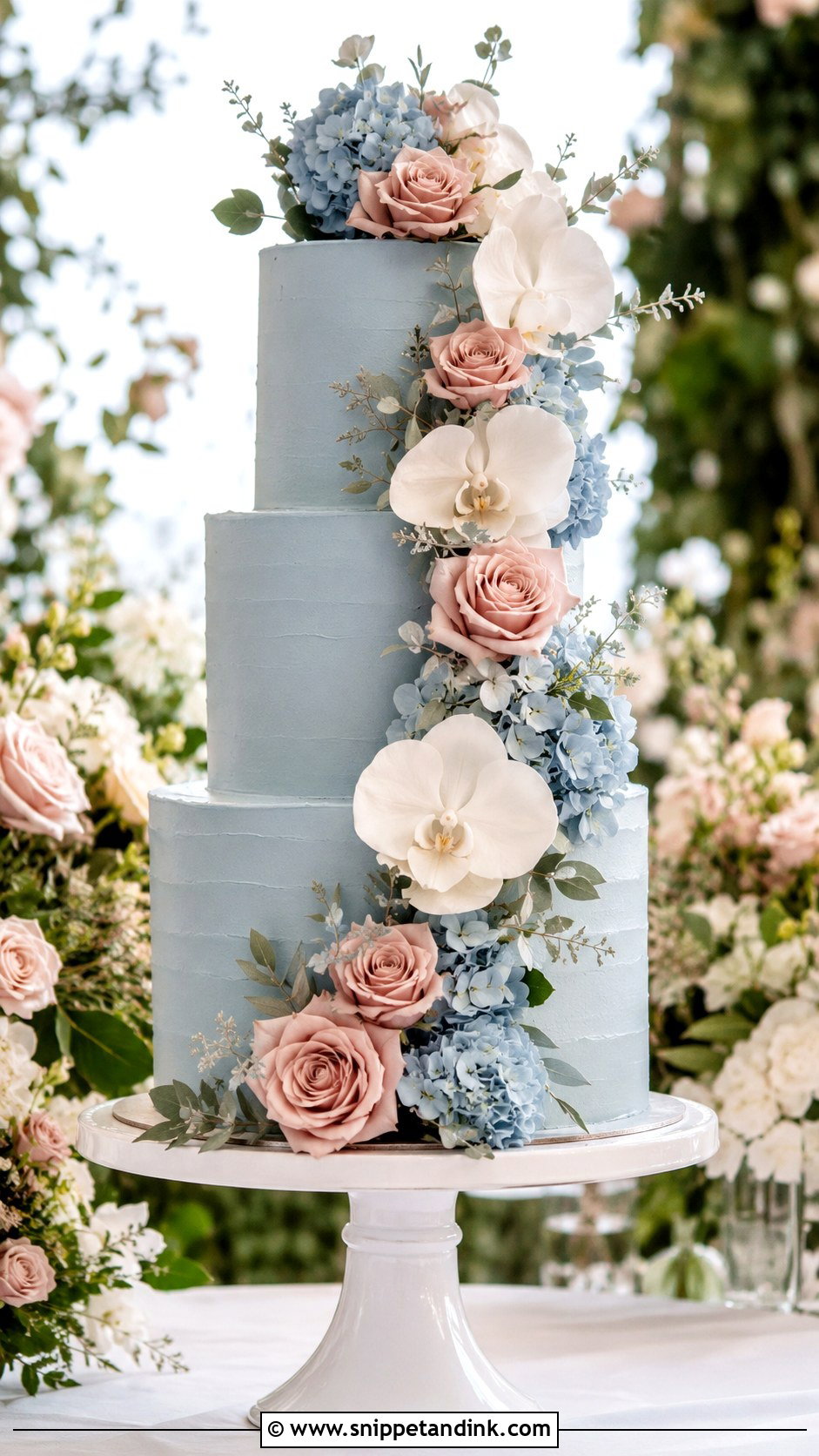 Dusty Blue Floral Cascade Wedding Cake - Snippet and Ink - 25 Dusty Blue and Blush Pink Wedding Cake Ideas