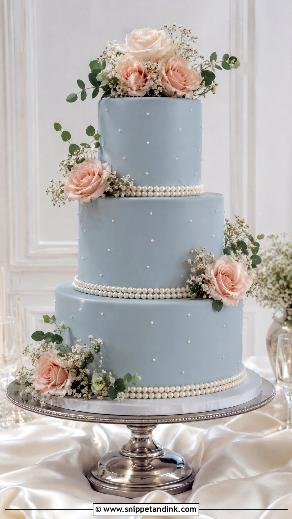 Dusty Blue Fondant Wedding Cake - Snippet and Ink - 25 Dusty Blue and Blush Pink Wedding Cake Ideas