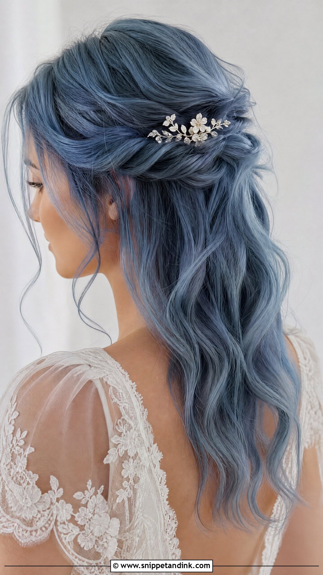Dusty Blue Half Up Wedding Hair - Snippet and Ink - 15 Blue Hair Bride Ideas