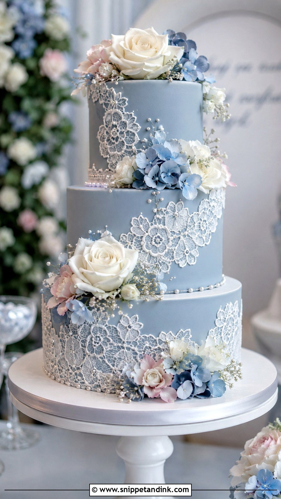 Dusty Blue Lace Wedding Cake With Flowers - Snippet and Ink - 25 Lace Wedding Cake Ideas with Flowers