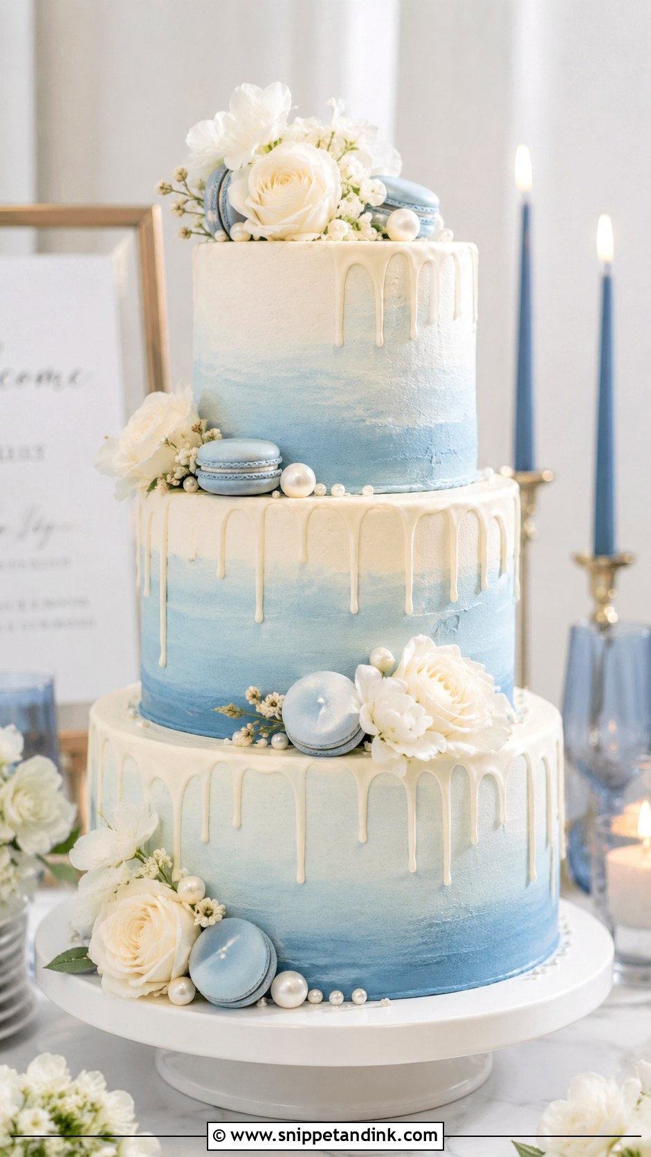 Dusty Blue Ombre Drip Wedding Cake - Snippet and Ink - 20 Dusty Blue Ombre Wedding Cake Ideas