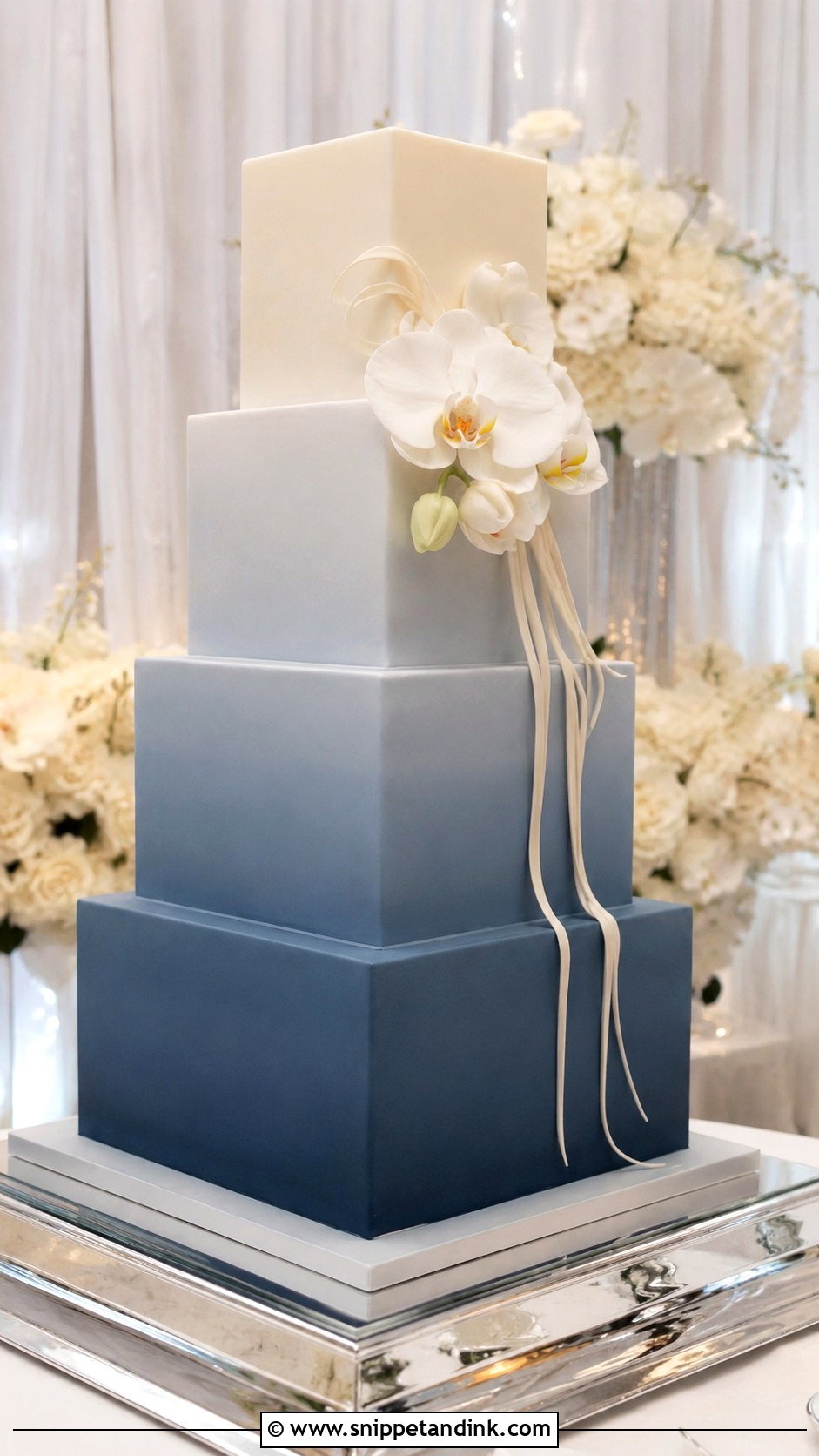 Dusty Blue Ombre Fondant Wedding Cake - Snippet and Ink - 20 Dusty Blue Ombre Wedding Cake Ideas