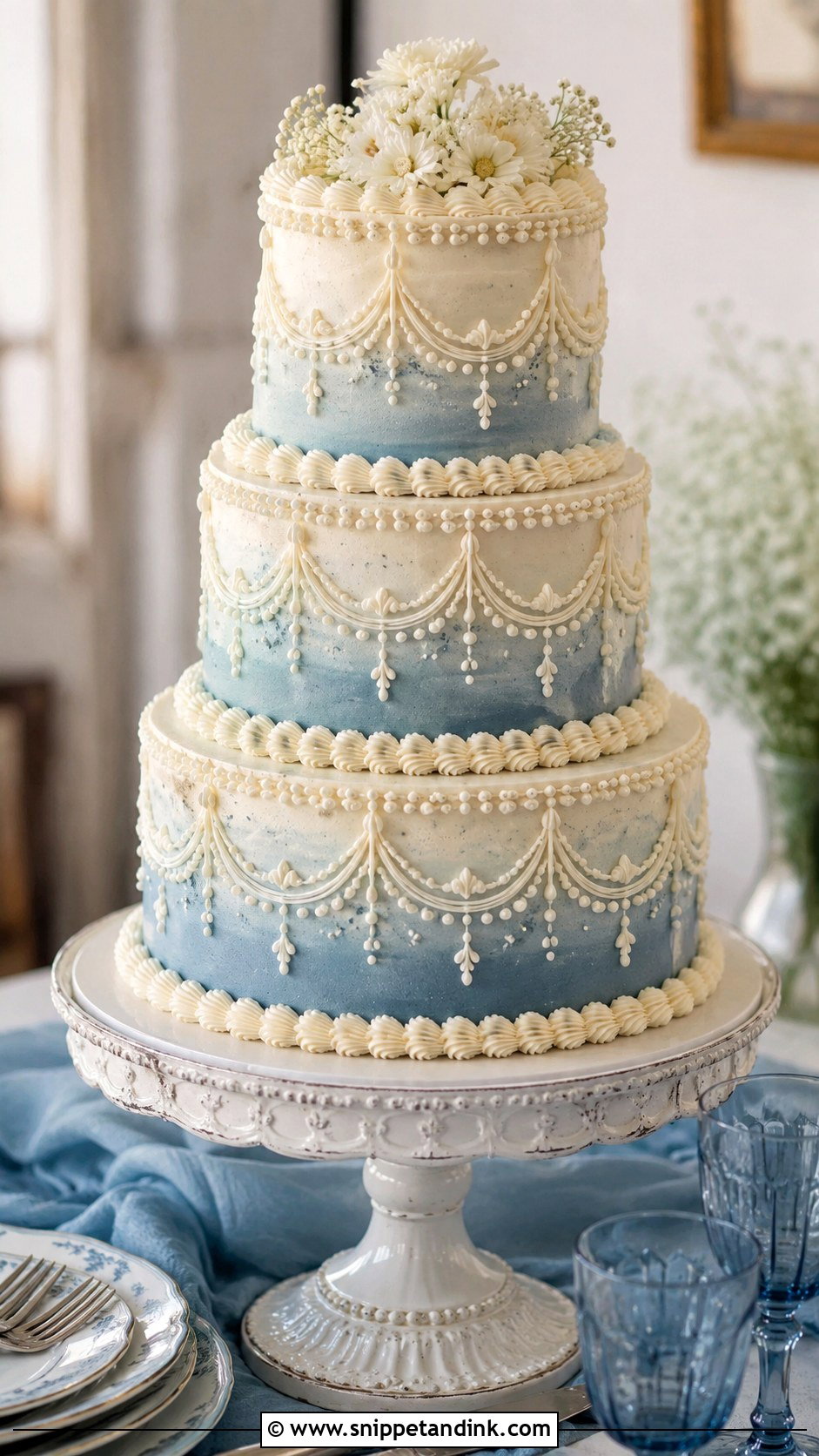 Dusty Blue Ombre Lambeth Wedding Cake - Snippet and Ink - 20 Dusty Blue Ombre Wedding Cake Ideas
