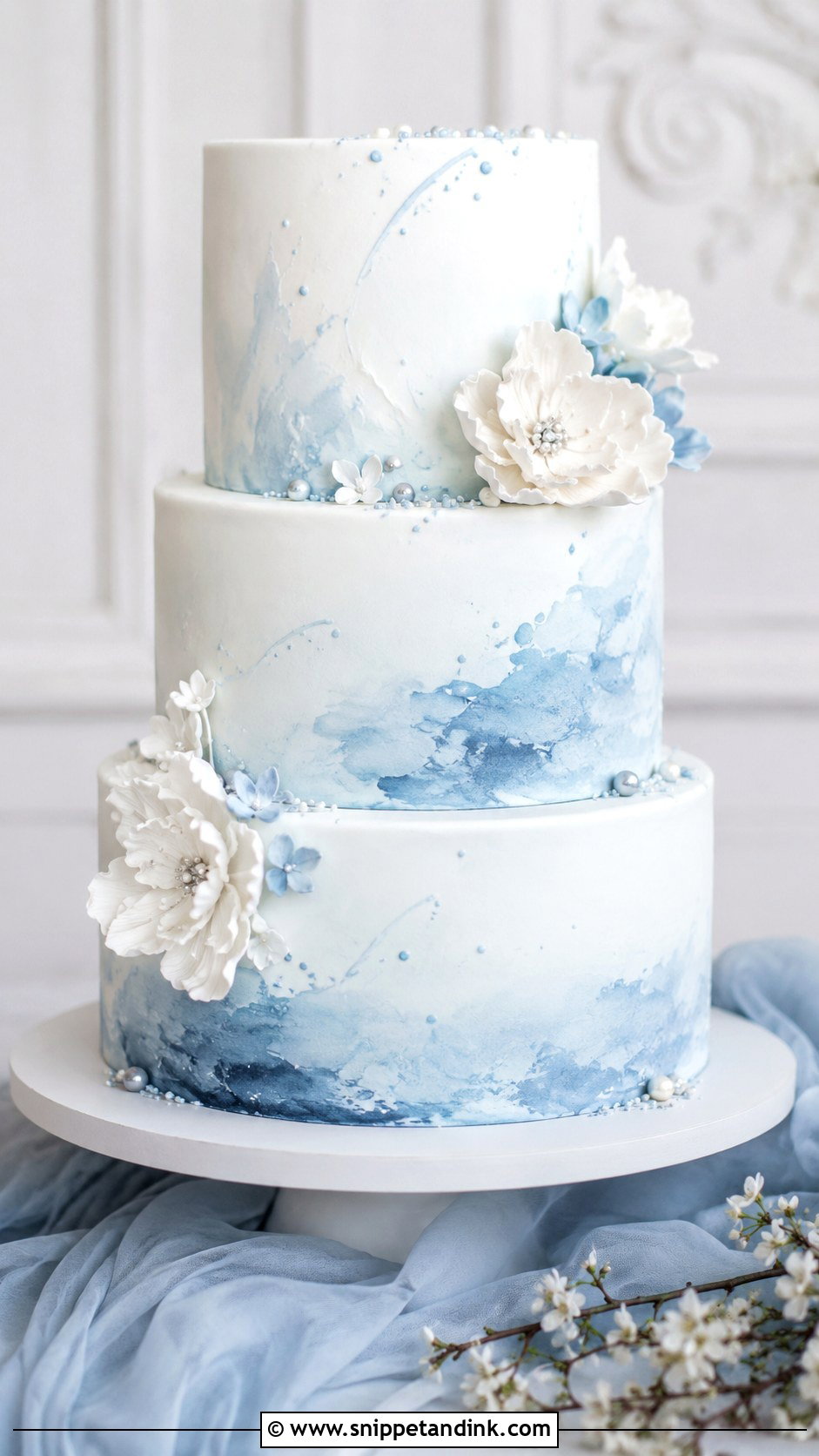 Dusty Blue Ombre Watercolor Wedding Cake - Snippet and Ink - 20 Dusty Blue Ombre Wedding Cake Ideas