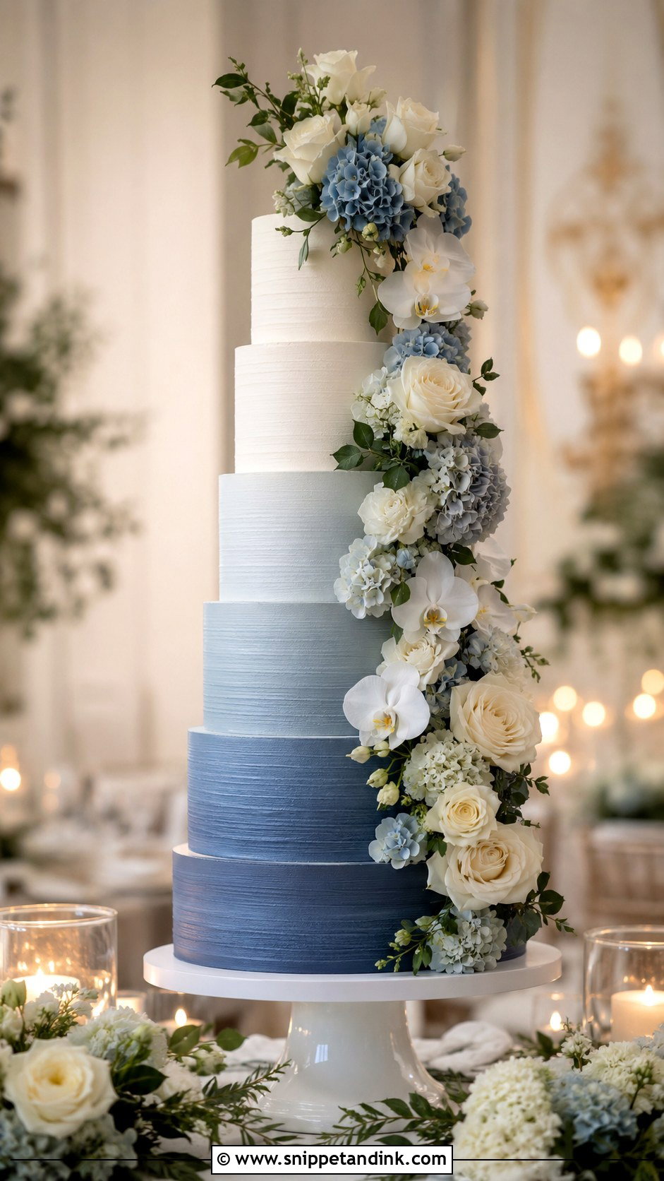 Dusty Blue Ombre Wedding Cake With Cascading Flowers - Snippet and Ink - 20 Dusty Blue Ombre Wedding Cake Ideas