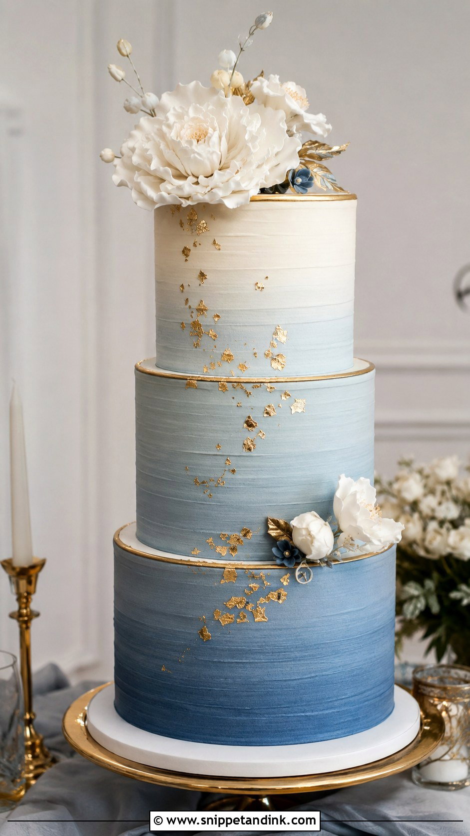 Dusty Blue Ombre Wedding Cake With Gold - Snippet and Ink - 20 Dusty Blue Ombre Wedding Cake Ideas
