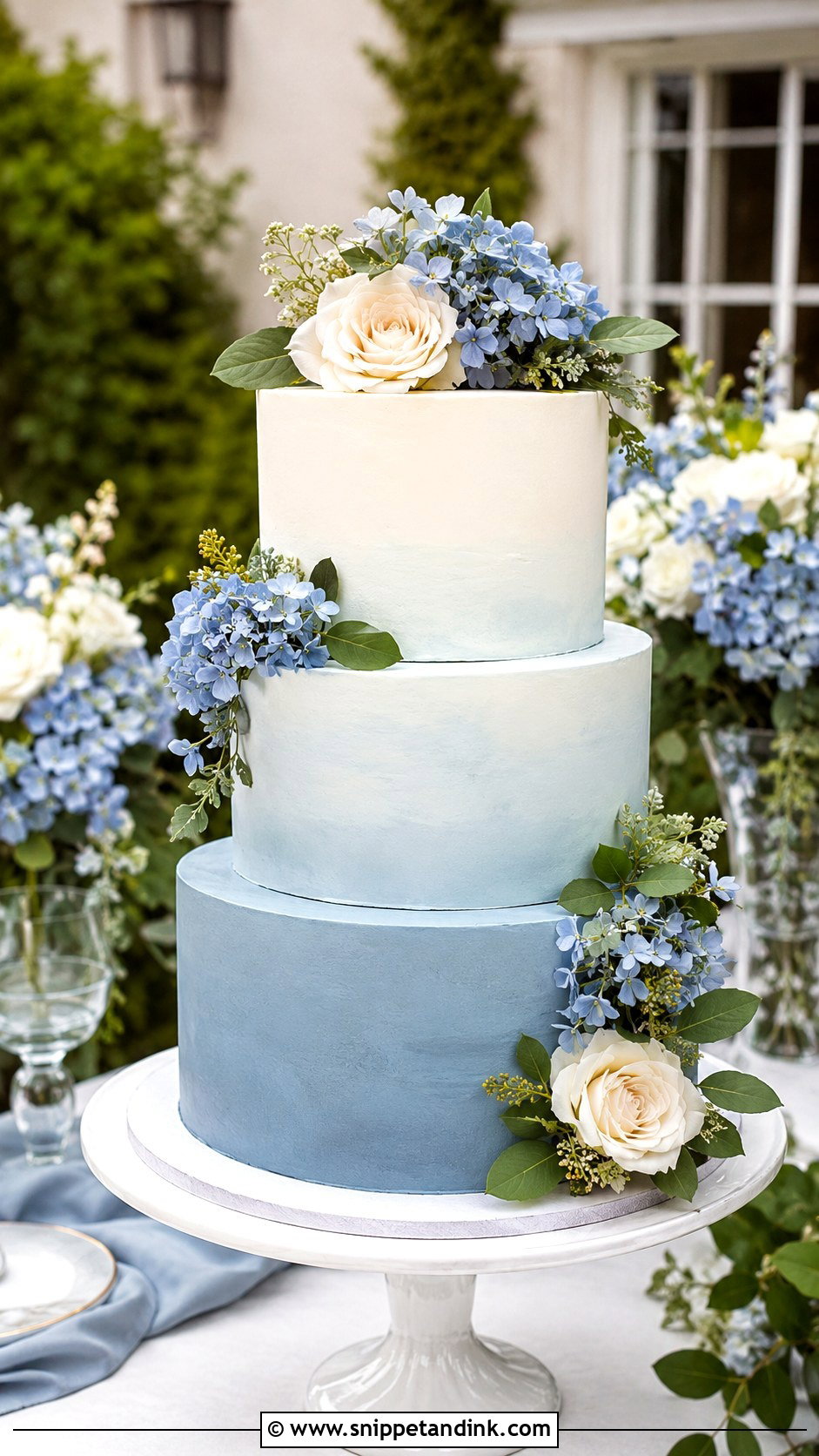 Dusty Blue Ombre Wedding Cake With Hydrangeas - Snippet and Ink - 20 Dusty Blue Ombre Wedding Cake Ideas