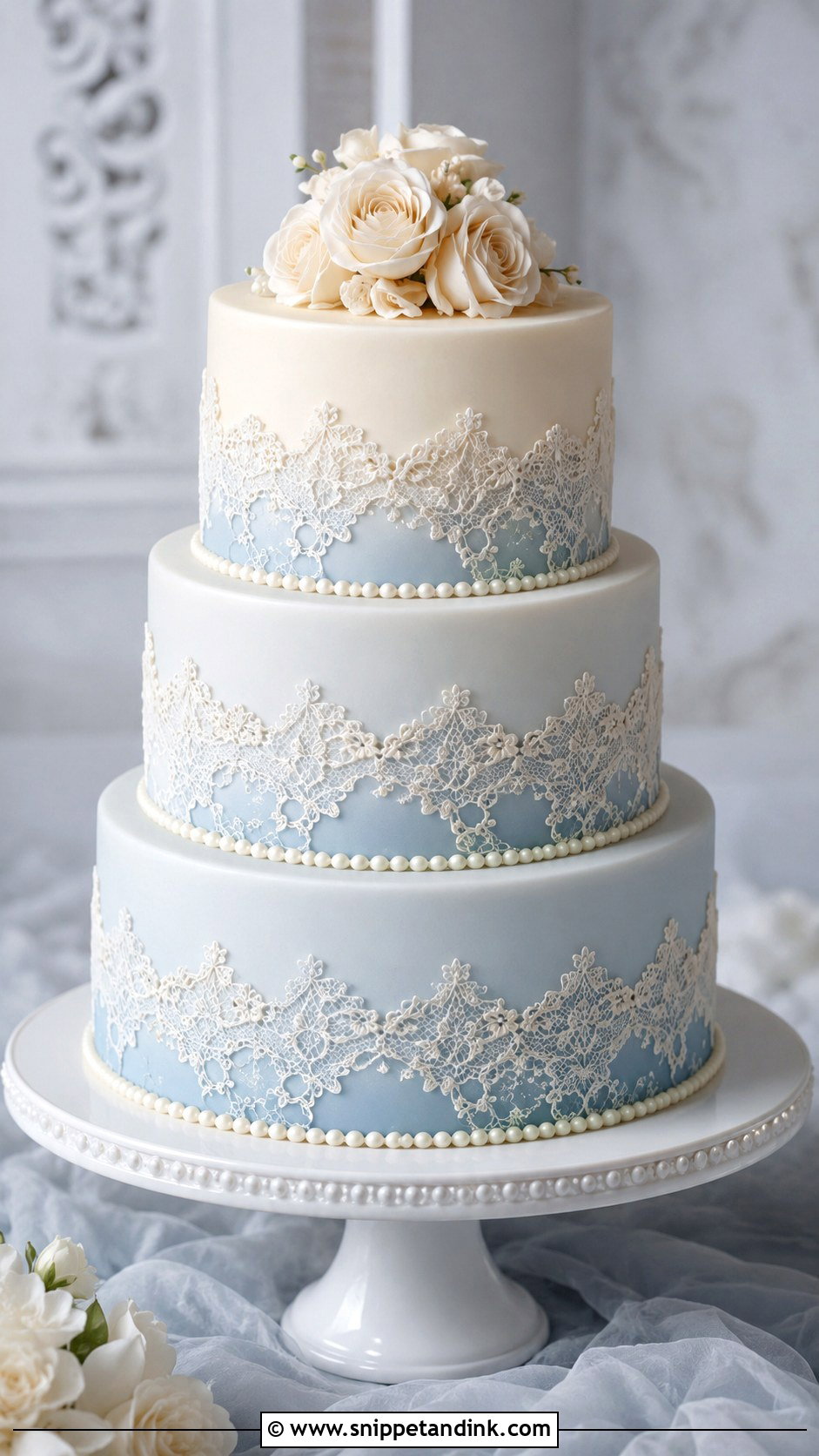 Dusty Blue Ombre Wedding Cake With Lace - Snippet and Ink - 20 Dusty Blue Ombre Wedding Cake Ideas