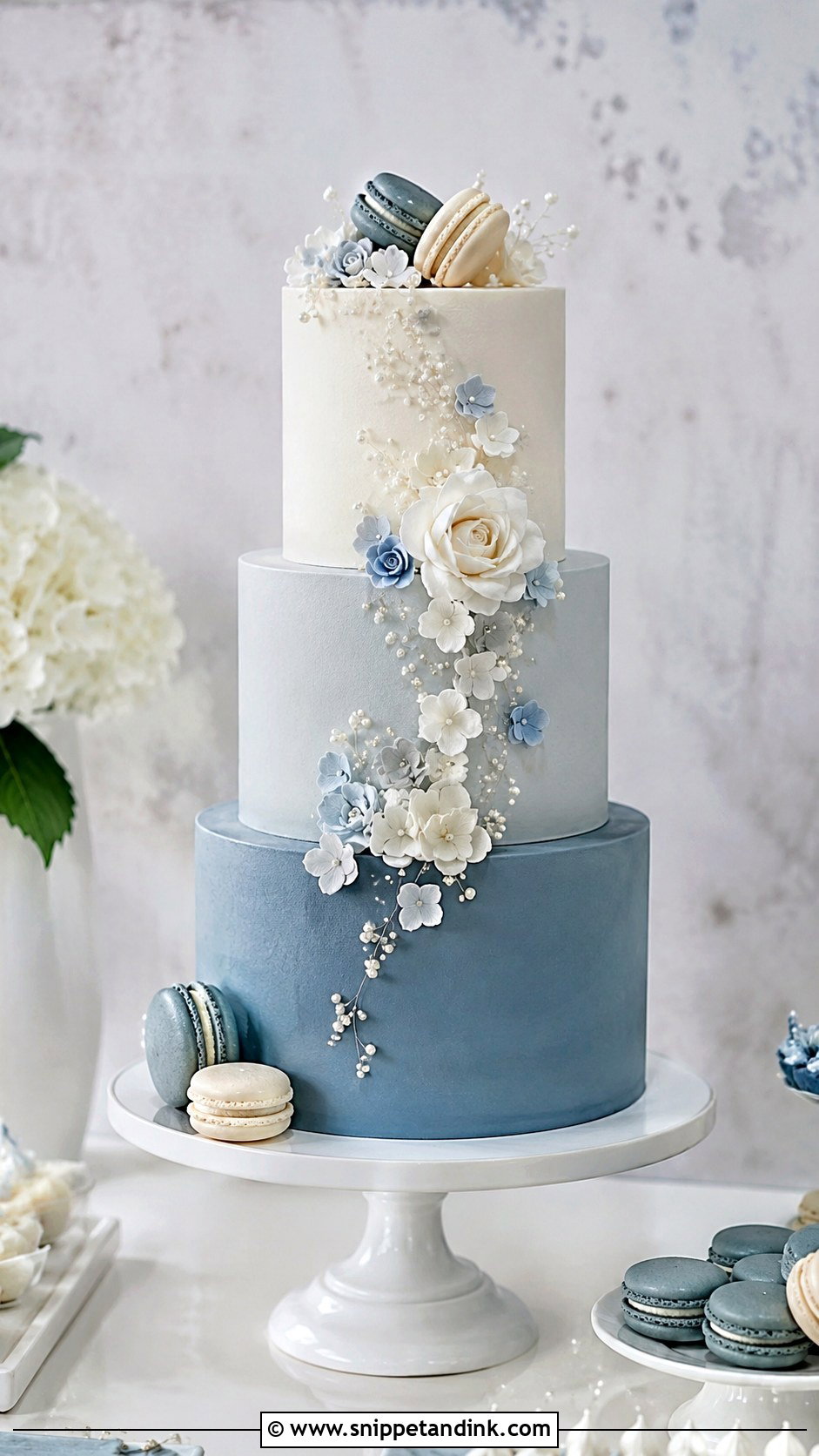 Dusty Blue Ombre Wedding Cake With Macarons - Snippet and Ink - 20 Dusty Blue Ombre Wedding Cake Ideas