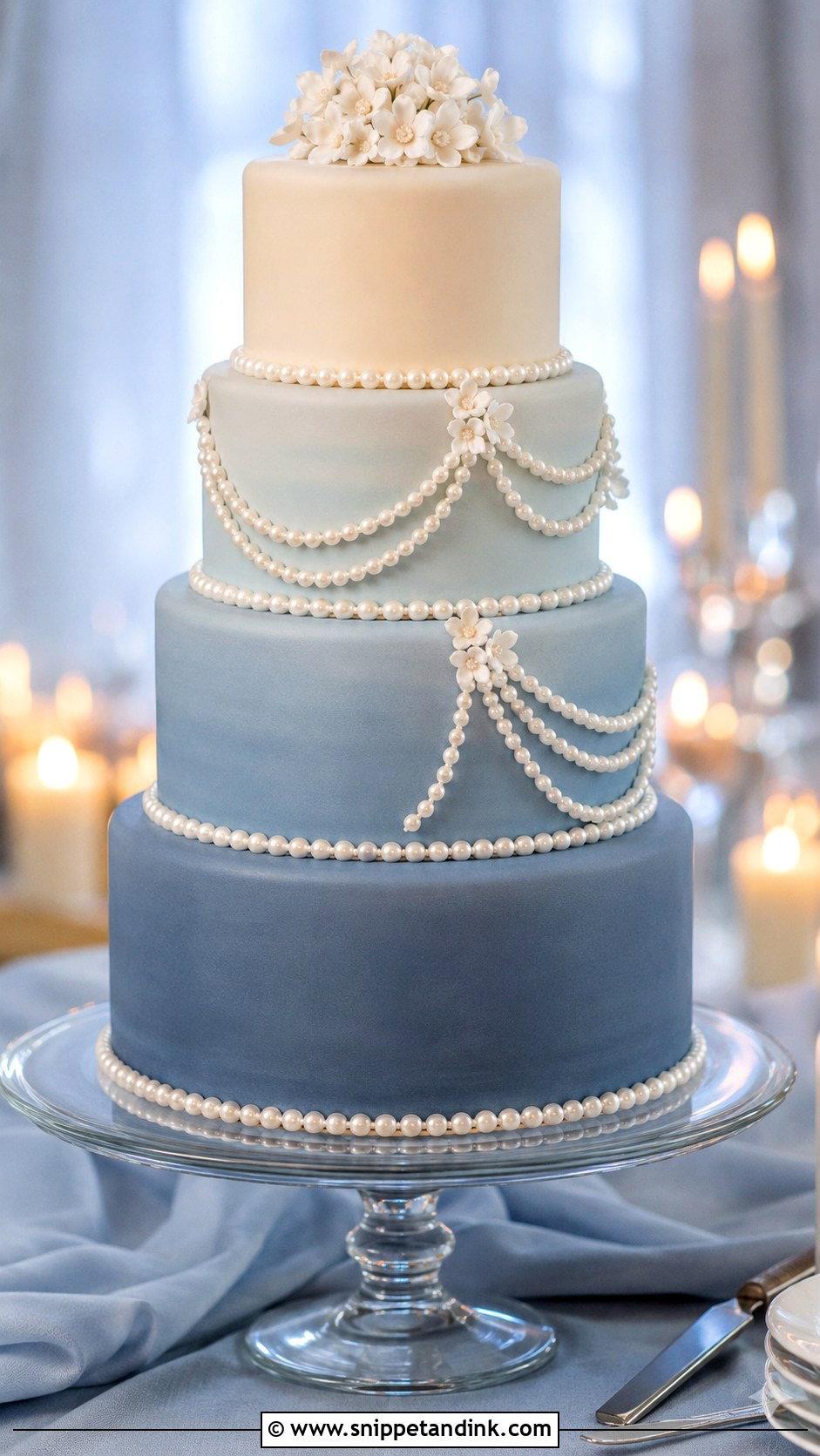 Dusty Blue Ombre Wedding Cake With Pearls - Snippet and Ink - 20 Dusty Blue Ombre Wedding Cake Ideas
