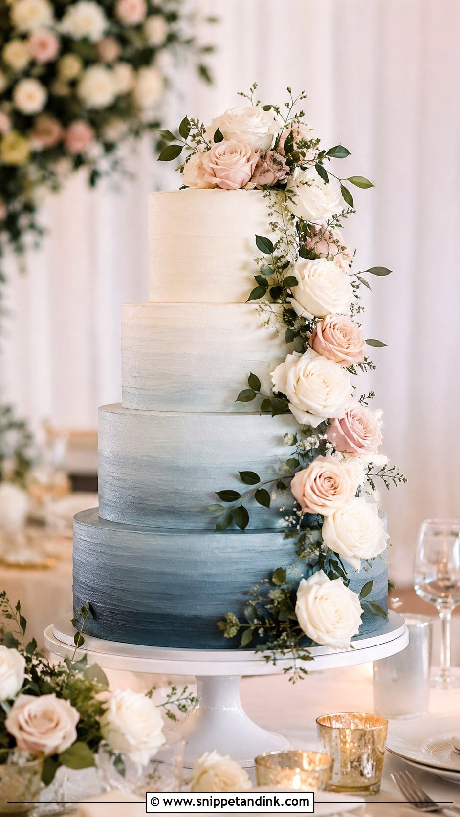 Dusty Blue Ombre Wedding Cake With Roses - Snippet and Ink - 20 Dusty Blue Ombre Wedding Cake Ideas