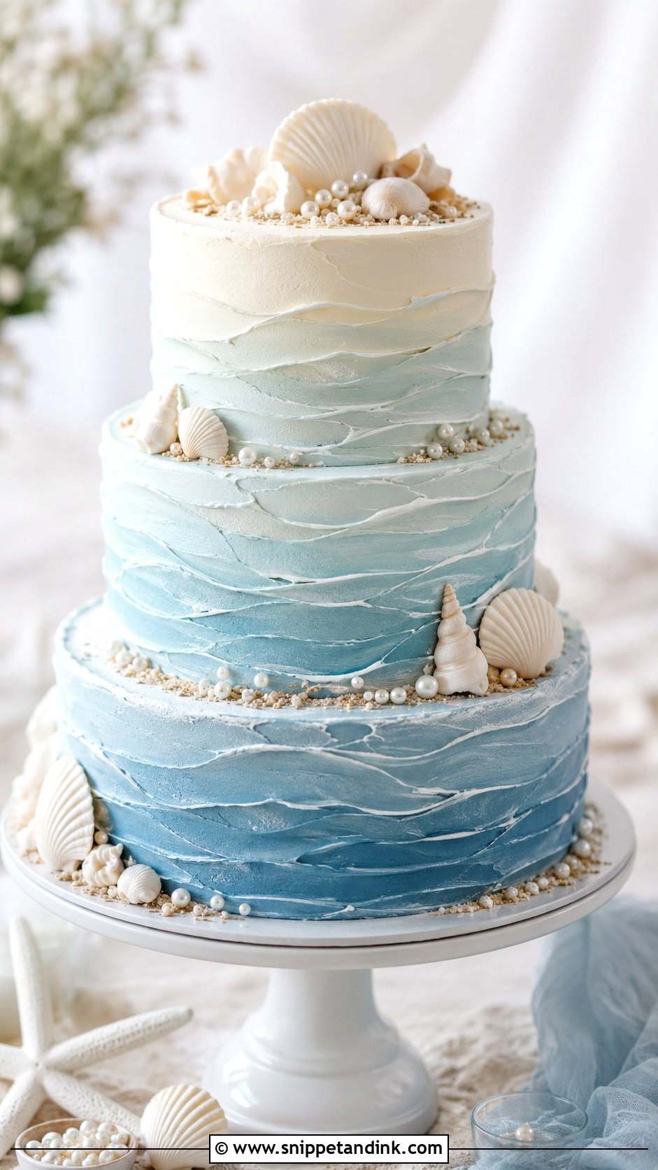 Dusty Blue Ombre Wedding Cake With Seashells - Snippet and Ink - 20 Dusty Blue Ombre Wedding Cake Ideas